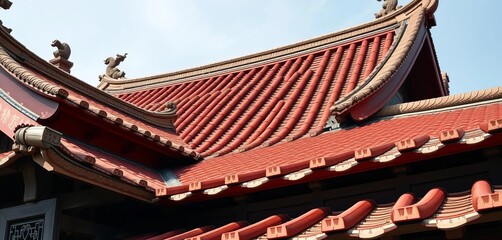Intricate, layered roof tiles of a Buddhist temple, ornate details visible,  wood,  Japan
