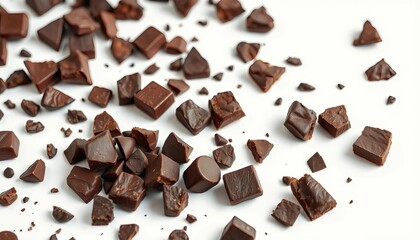 Irregular dark chocolate chunks scattered on pristine white background, simple, texture