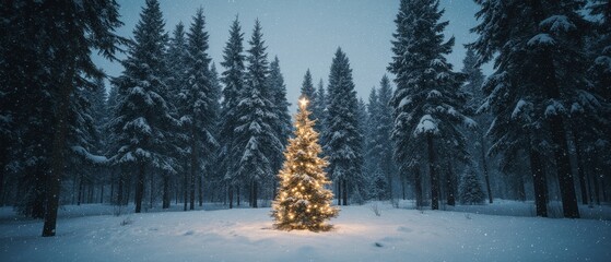 Solitary illuminated Christmas tree standing in a snowy forest at dusk, creating a peaceful and magical winter scene.