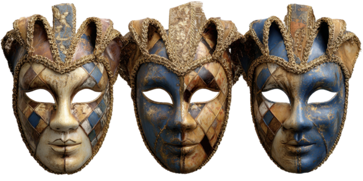 Venetian Mask Trio with Golden Accents and Blue Hues