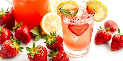 Refreshing strawberry lemonade in a glass, bright white background,  juicy,  texture