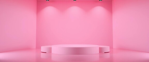 Soft pink minimalist podium, low angle, subtle lighting,  cosmetic,  platform