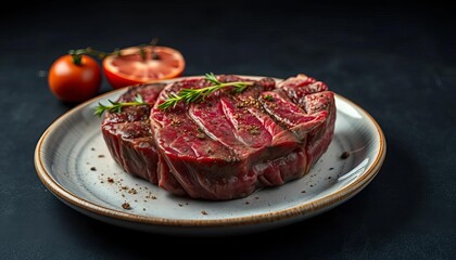 Rustic plate of raw ribeye steak, seasoned simply, dark moody background,  texture,  carnivore