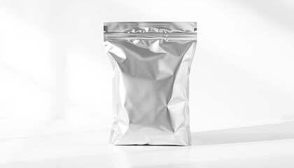 Sleek silver foil pouch isolated on bright backdrop,  shiny,  flexible packaging