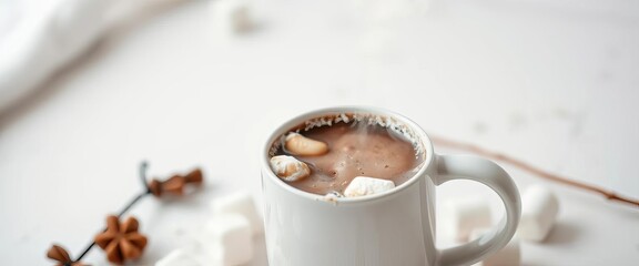 Steaming mug of rich hot chocolate, marshmallows optional, on pristine white ,  decadent,  winter drink