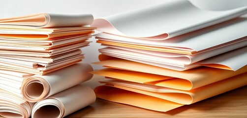 Stack of rolled blank paper sheets, cut into various shapes and sizes,   background,  texture