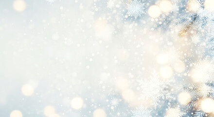 Fototapeta premium Christmas Tree Branches in Pastel Winter Wonderland with Floating Snowflakes and Bokeh Background