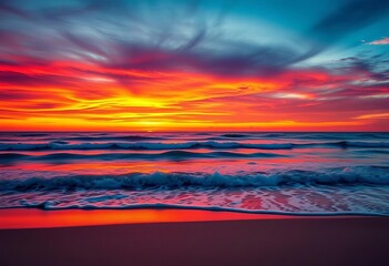 Vibrant orange and purple sunset over calm ocean waves on sandy beach, orange, beach