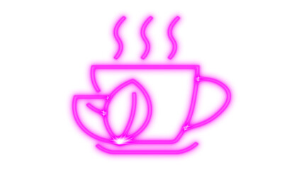 Glowing neon pink coffee cup icon with steam, representing a hot beverage or cafe symbol, modern digital graphic isolated on transparent background