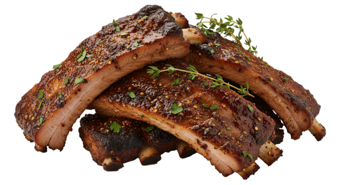 Caribbean jerk pork ribs with spicy seasoning and herbs, glossy texture