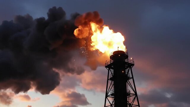Industrial flare stack burning gas at dusk with dramatic clouds and orange flames, symbolizing energy production and pollution video 4k