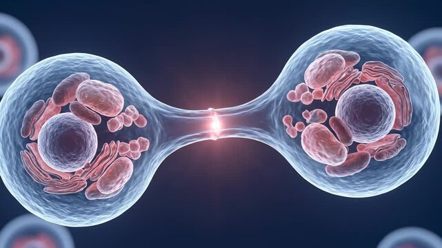 Microscopic View of Biological Cell Division Process with Nucleus and Mitochondria Displayed Against a Dark Blue Background with Soft Lighting