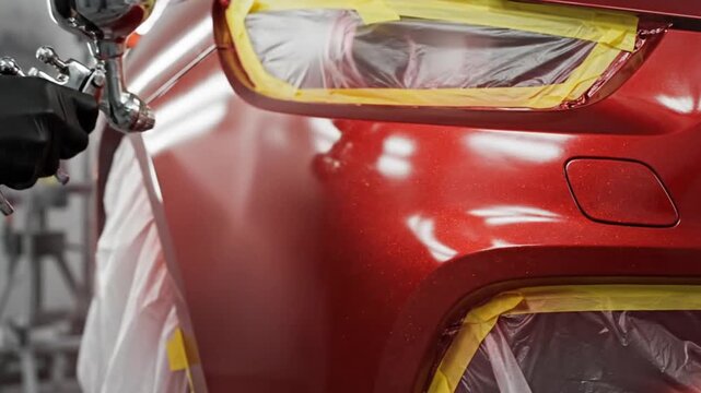 A car body shop technician uses a spray gun to apply a metallic red paint to a car bumper during a repair and restoration process video 4k