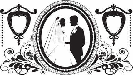 Elegant wedding design featuring a bride and groom silhouette embraced in a decorative frame, perfect for invitations, cards, or announcements