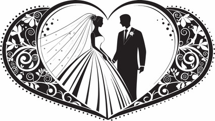 Elegant wedding silhouette of bride and groom holding hands inside ornate heart, symbolizing love, partnership, and commitment, ideal for invitations