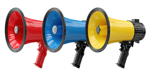 Three Multicolored Megaphones on Transparent Background