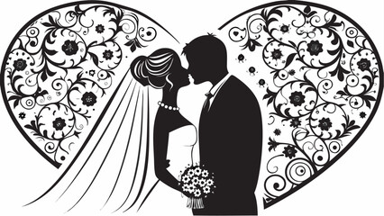 Elegant wedding silhouette with ornate floral heart, perfect for invitations and romantic designs, representing love, commitment and a beautiful celebration