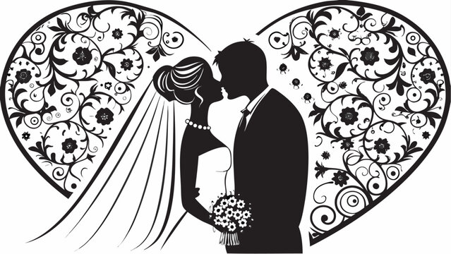 Elegant wedding silhouette with ornate floral heart, perfect for invitations and romantic designs, representing love, commitment and a beautiful celebration