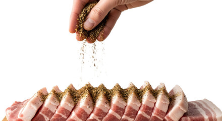 Hand sprinkling jerk seasoning mix over pork belly slices