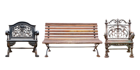 Three Vintage Style Benches on Transparent Background for Easy Compositing