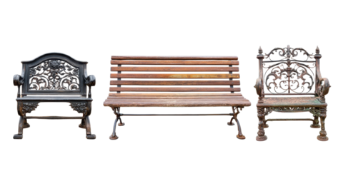 Three Vintage Style Benches on Transparent Background for Easy Compositing