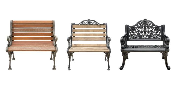 Collection of different styles of park benches on transparent background