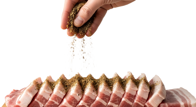 Hand sprinkling jerk seasoning mix over pork belly slices