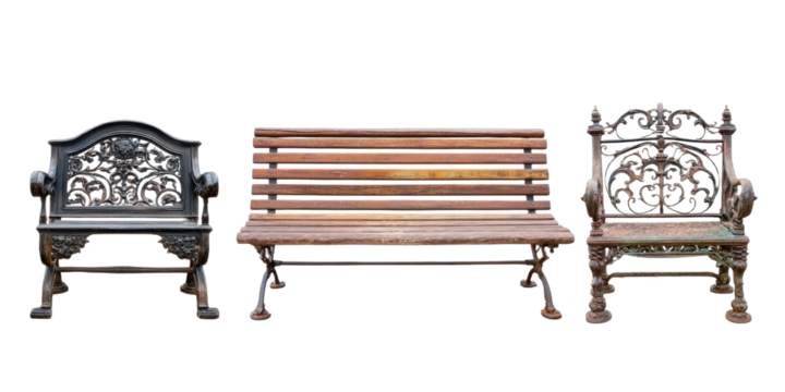 Three Vintage Style Benches on Transparent Background for Easy Compositing