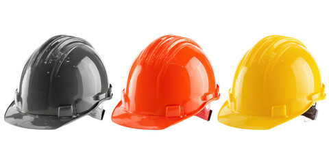 Set of construction safety hard hats in black orange and yellow