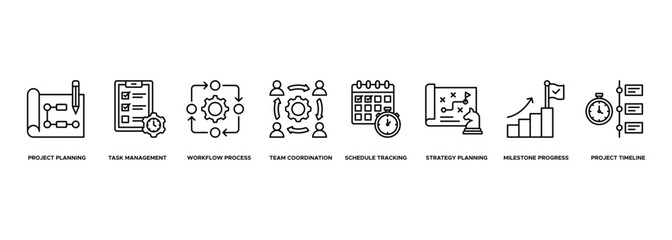 Banner Project Management Plan icon. Project Planning, Task Management, Workflow Process, Team Coordination, Schedule Tracking, Strategy Planning, Milestone Progress, Project Timeline