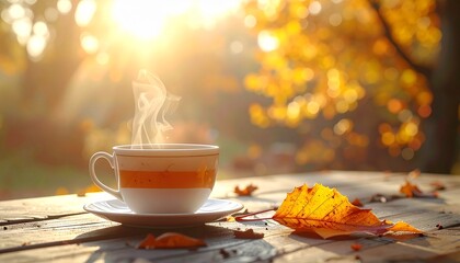 秋の落ち葉と温かい飲み物が並ぶ屋外のコピースペース 4kリアリスティック
