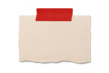 Blank ripped paper scrap with red adhesive tape on top, concept of notice, reminder, message, or empty space