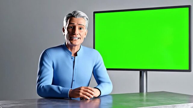 Virtual Male Presenter Avatar Explaining with a Green Screen Background.