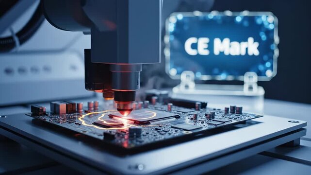 Automated Laser Engraving on Circuit Board for CE Mark Certification.