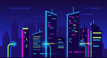Contemporary metropolitan skyline illuminated with vibrant neon light accents after dark