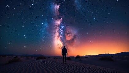A solitary figure silhouetted against a vast, starlit desert landscape, conveying a sense of profound spiritual isolation and yearning for connection , spirituality, spiritual, existentialism