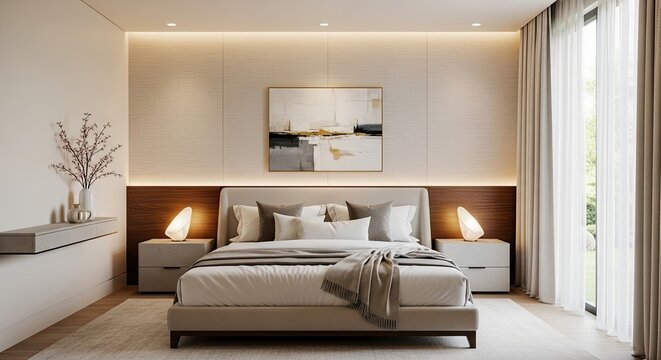 Experience luxurious comfort and relaxation in this professionally designed modern master bedroom suite with stylish decor and soft natural light for a serene escape