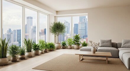 Stylish modern apartment interior with city view, potted plants, and comfortable sofa creating a peaceful oasis in the heart of the bustling metropolis