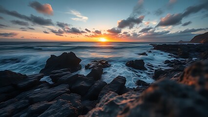 wideangle. Dramatic rocky coastline with crashing waves under a golden sunset, wide-angle view. inspiring travel planning, travel magazines, designed for outdoor magazines and nature guides.