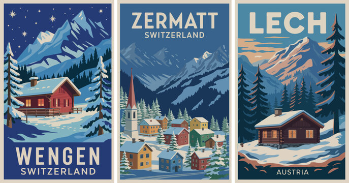 Retro ski travel posters featuring zermatt wengen switzerland lech austria vintage vector illustrations
