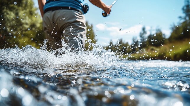 Angler Wades Through River with Fly Fishing, Action Shot, and Sunlit Water  Scenic Outdoors. - Powered by Adobe