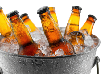 Amber Beer Bottles Chilling in Ice Bucket on Transparent Background
