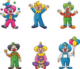 Six colorful cartoon clowns with unique outfits, hairstyles, accessories, playful poses, circus theme, joyful expressions, character set illustration.