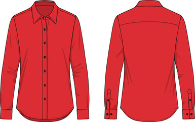 Technical flat sketch of red long sleeve button-up shirt front and back view with collar, cuffs, yoke, and placket.