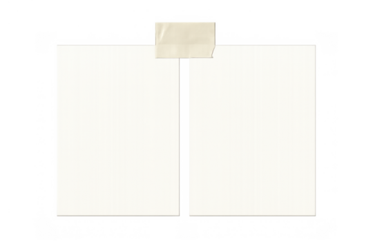 Two blank paper sheets hanging with adhesive tape, creating a customizable note or empty template on a transparent background