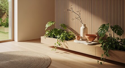 Warm light and modern interior design with plants, vase, and bowl in a soothing minimalist setting, perfect for zen lifestyle blogs or home decor inspiration