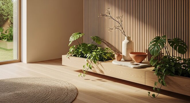 Warm light and modern interior design with plants, vase, and bowl in a soothing minimalist setting, perfect for zen lifestyle blogs or home decor inspiration