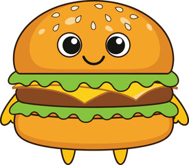 Vector cartoon of smiling hamburger character with sesame bun, lettuce, cheese, beef patty, arms, legs, and expressive face.