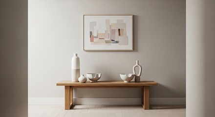 Elevate your home with stylish decor featuring abstract art and modern vases on a rustic wood bench, creating a serene and inviting living space design