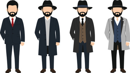 Vector illustration of four bearded men in formal and semi-formal outfits with suits, coats, hats, and stylish fashion variations.